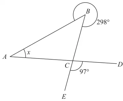Triangle ABC with angle x at A. AC is extended to D and BC is extended to E. The reflex angle at B is 298° and angle ECD is 97°
