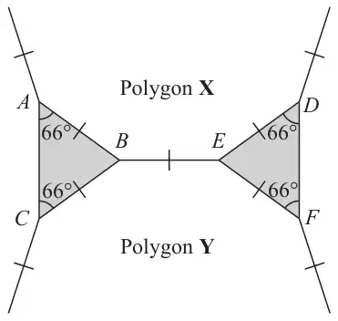 Two shaded isosceles triangles ABC and DEF joined by the side BE. Polygon X is above and polygon Y is below. The base angles at A, C, D and F are each 66°. Equal sides are marked