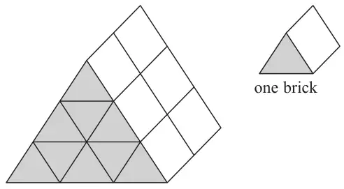 Triangular prism made of identical triangular-prism bricks: the triangular end face is made of 9 small triangles and the prism is 2 bricks long; one brick shown separately