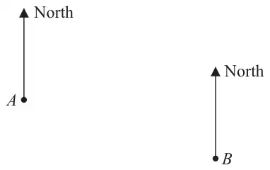 Point A with a North line, and point B below and to the right of A with its own North line