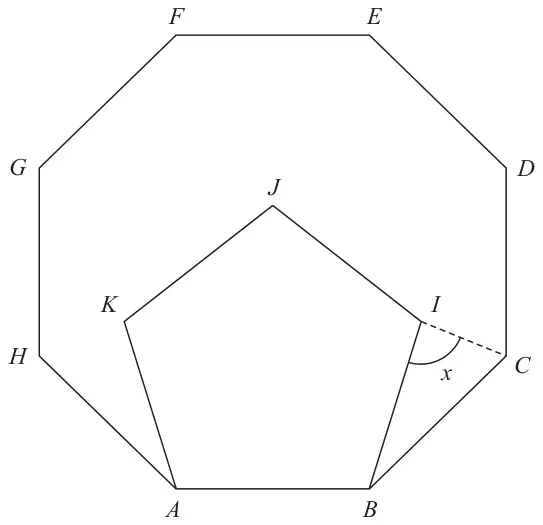 Regular octagon ABCDEFGH with regular pentagon ABIJK drawn inside on side AB; I and C are joined by a dashed line and angle x is angle BIC