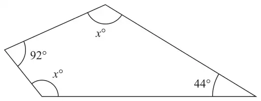 Quadrilateral with angles 92 degrees, x degrees, x degrees and 44 degrees