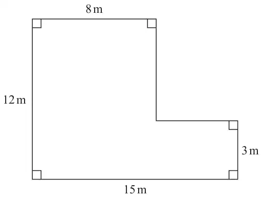 L-shaped floor plan: top side 8 m, left side 12 m, bottom side 15 m and a short right side 3 m, all corners right angles