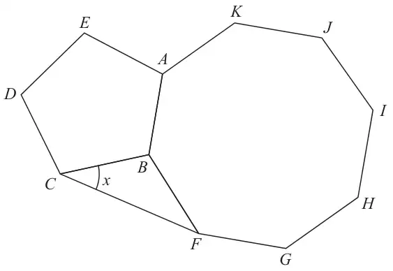 Regular pentagon ABCDE and regular octagon ABFGHIJK sharing the side AB; triangle BCF is formed by joining C to F; angle x is the angle BCF at C