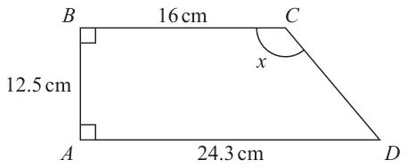 Trapezium ABCD with right angles at A and B; BC = 16 cm, AB = 12.5 cm, AD = 24.3 cm; angle x is the angle BCD at C