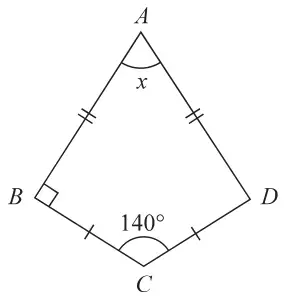 Kite ABCD with AB = AD, BC = CD, right angles at B and D, angle C = 140 degrees and angle A marked x