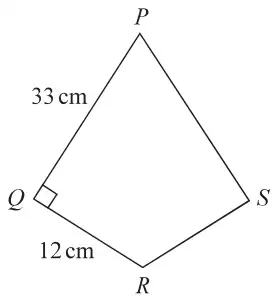 Kite PQRS with a right angle at Q, PQ = 33 cm and QR = 12 cm