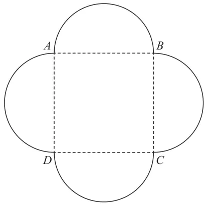 Square ABCD drawn dashed, with a semicircle drawn outwards on each of its four sides
