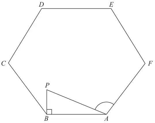 Regular hexagon ABCDEF with AB along the bottom. P is directly above B, so triangle ABP has a right angle at B. Angle PAF is marked at A