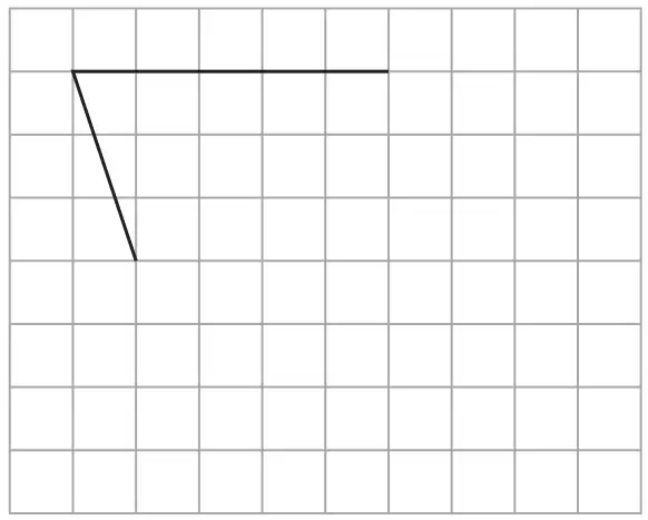 A square grid with two sides of a parallelogram drawn from one corner: a horizontal side 5 squares long and a sloping side going 1 square across and 3 squares down