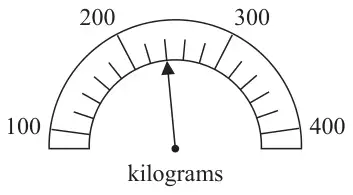 Semicircular scale in kilograms marked 100, 200, 300 and 400 with small divisions, and an arrow pointing between 200 and 300