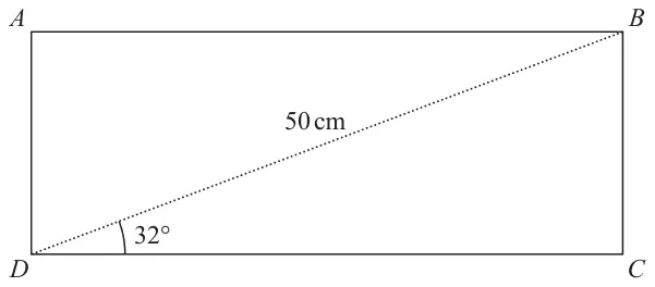 Rectangle ABCD with diagonal BD of length 50 cm and angle BDC of 32 degrees