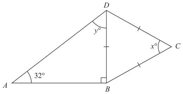 Quadrilateral ABCD with diagonal DB; angle DBA is a right angle, angle DAB is 32 degrees, angle ADB is y degrees, angle BCD is x degrees; BC, CD and DB are marked equal