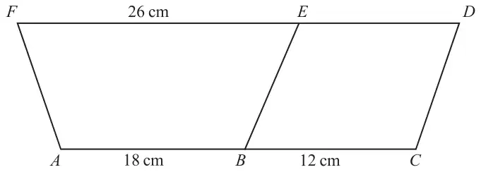 Quadrilateral ACDF with FD parallel to AC. B lies on AC and E lies on FD, with BE drawn. FE = 26 cm, AB = 18 cm, BC = 12 cm