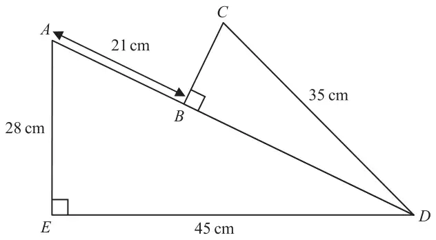 Right-angled triangle ADE with the right angle at E, AE = 28 cm and ED = 45 cm; B is on AD with AB = 21 cm; triangle CDB has a right angle at B and CD = 35 cm