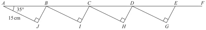 Straight line ABCDEF with four congruent right-angled triangles ABJ, BCI, CDH and DEG below it; right angles at J, I, H and G; AJ = 15 cm and angle BAJ = 35 degrees