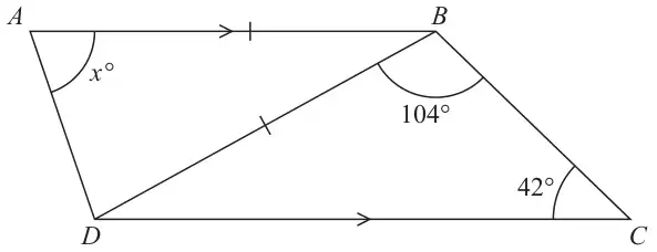 Trapezium ABCD with AB parallel to DC and diagonal DB; angle DAB is x degrees, angle DBC is 104 degrees, angle BCD is 42 degrees; AB and DB are marked equal