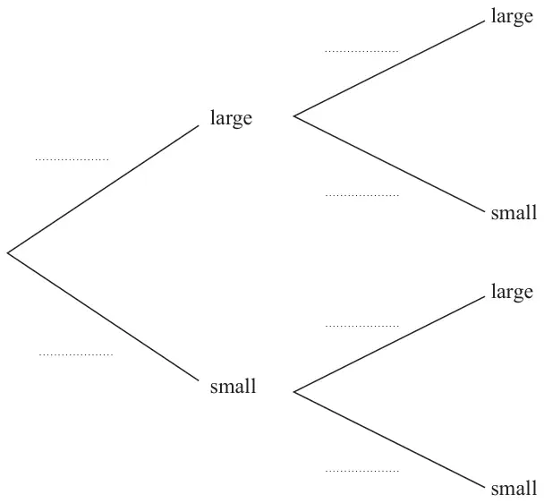 Probability tree diagram: first glass large or small, then second glass large or small on each branch, with a blank space for the probability on each of the six branches