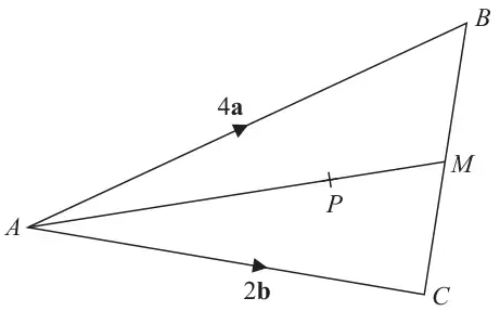 Triangle ABC with AB = 4a and AC = 2b; M is the midpoint of BC and P is a point on AM