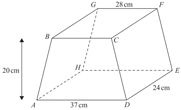 Prism ABCDEFGH with trapezium cross section ABCD; AD = 37 cm, GF = 28 cm, DE = 24 cm and the height of the trapezium is 20 cm
