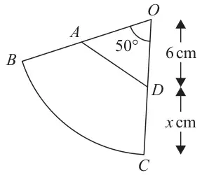 Sector OBC with angle BOC = 50 degrees; A is on OB and D is on OC with OD = 6 cm and DC = x cm; AD is joined
