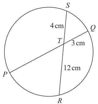 Circle with diameter PQ and chord RS crossing at T; ST = 4 cm, TQ = 3 cm and TR = 12 cm