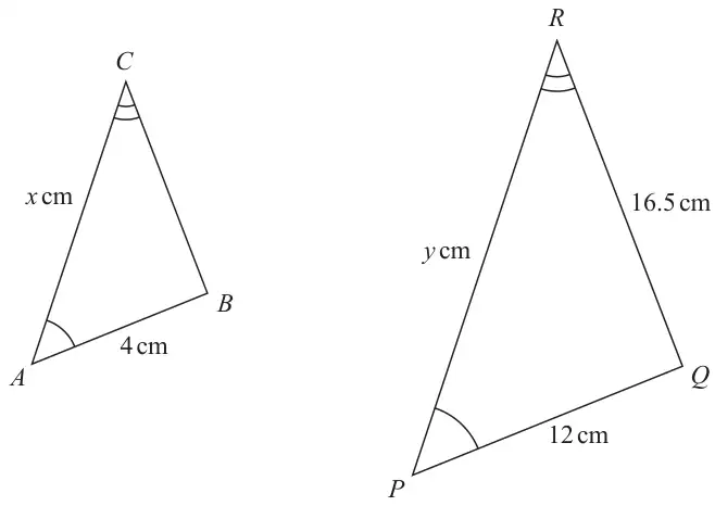 Two similar triangles: triangle ABC with AB = 4 cm and AC = x cm, and the larger triangle PQR with PQ = 12 cm, PR = y cm and RQ = 16.5 cm; the angles at A and P are marked equal and the angles at C and R are marked equal