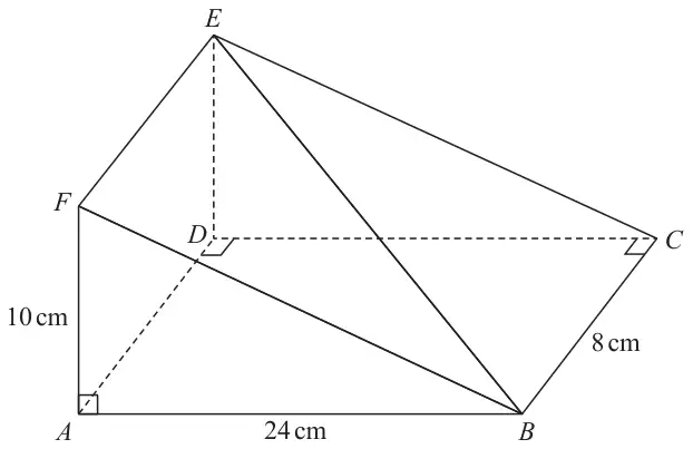 Triangular prism with rectangular base ABCD and vertical triangular ends; F is above A and E is above D; AF = 10 cm, AB = 24 cm, BC = 8 cm; lines BE and BF are drawn; right angles marked at A, D and C