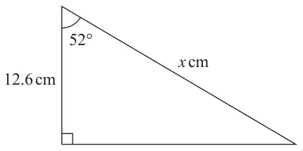 Right-angled triangle; vertical side 12.6 cm; angle 52 degrees at the top between the vertical side and the hypotenuse x cm; right angle at the bottom left
