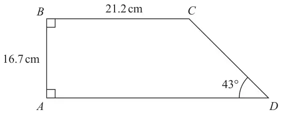 Trapezium ABCD with right angles at A and B, AB = 16.7 cm, BC = 21.2 cm, BC parallel to AD and angle ADC = 43 degrees