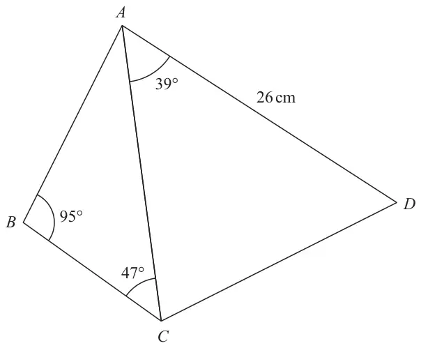 Quadrilateral ABCD with diagonal AC; angle ABC = 95 degrees, angle ACB = 47 degrees, angle CAD = 39 degrees and AD = 26 cm