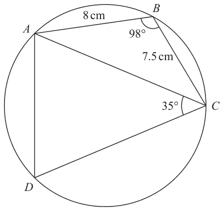 Cyclic quadrilateral ABCD drawn inside a circle, with diagonal AC. AB = 8 cm, BC = 7.5 cm, angle ABC = 98° and angle ACD = 35°