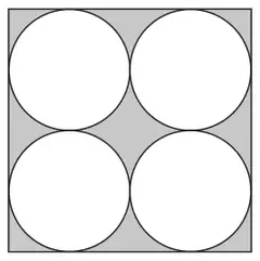 Square containing four identical circles in a 2 by 2 arrangement; the region inside the square outside the circles is shaded