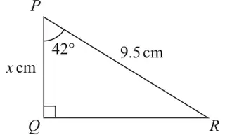 Right-angled triangle PQR with the right angle at Q, PQ = x cm, PR = 9.5 cm and angle QPR = 42 degrees