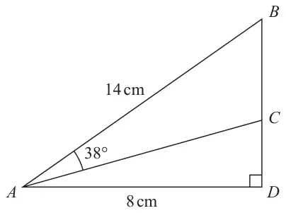 Right-angled triangle ABD with the right angle at D; AB = 14 cm, AD = 8 cm; C is on BD and angle BAC = 38 degrees