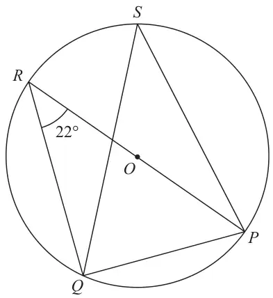 Circle with centre O; ROP is a diameter; Q and S are on the circle; chords RQ, QP, QS and SP are drawn; angle PRQ = 22 degrees