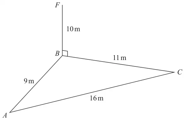 Triangle ABC on horizontal ground with AB = 9 m, BC = 11 m and AC = 16 m; vertical flagpole BF = 10 m at B, with a right angle marked at B