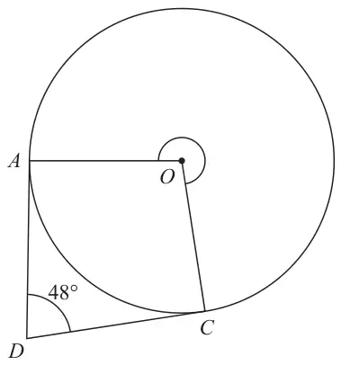 Circle with centre O; A and C are on the circle; tangents DA and DC meet at D outside the circle; angle ADC = 48 degrees; reflex angle AOC is marked