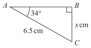Right-angled triangle ABC with the right angle at B; hypotenuse AC = 6.5 cm, angle BAC = 34 degrees, BC = x cm