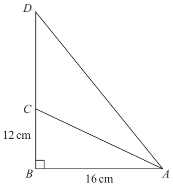 Right-angled triangle ABD with right angle at B; C is on BD with BC = 12 cm; AB = 16 cm; line AC drawn