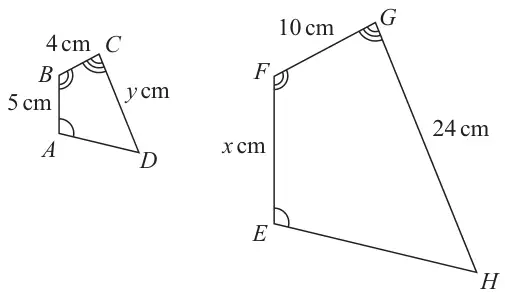 Two similar quadrilaterals: ABCD with AB = 5 cm, BC = 4 cm, CD = y cm; EFGH with EF = x cm, FG = 10 cm, GH = 24 cm; matching angles marked