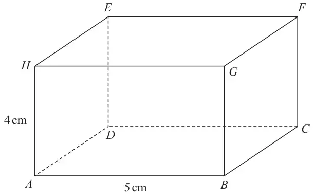 Cuboid ABCDEFGH with base ABCD, AB = 5 cm and vertical edge AH = 4 cm