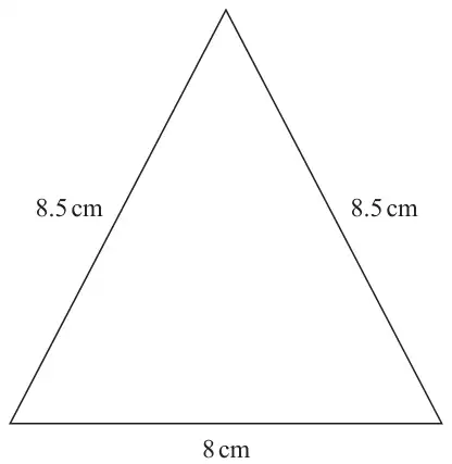 Isosceles triangle with two equal sides of 8.5 cm and a base of 8 cm