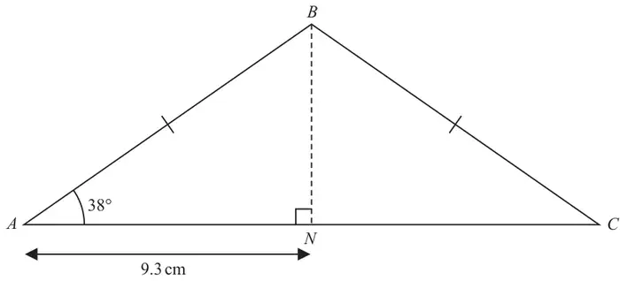 Isosceles triangle ABC with BA = BC; N is on AC with BN perpendicular to AC; AN = 9.3 cm and angle BAC = 38°