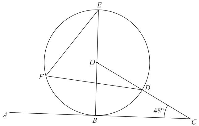 Circle with centre O; BOE is a diameter; ABC is a tangent at B; ODC is a straight line meeting the circle at D; F is on the circle with chords FE and FD; angle BCD = 48°