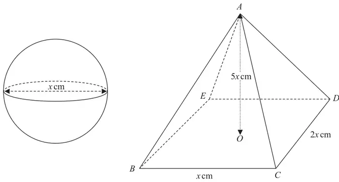 Sphere with diameter x cm, and pyramid ABCDE with rectangular base BCDE where BC = x cm and CD = 2x cm; A is vertically above the centre O of the base with AO = 5x cm