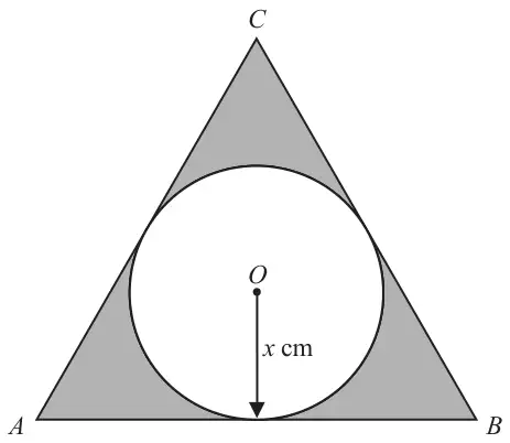 Equilateral triangle ABC with a circle centre O inside it touching all three sides; the radius from O to the midpoint of AB is labelled x cm; the three regions between the circle and the triangle are shaded