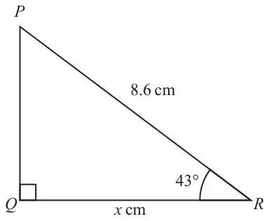 Right-angled triangle PQR with the right angle at Q; PR = 8.6 cm, angle PRQ = 43 degrees, QR = x cm