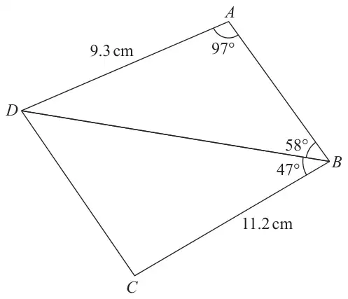Quadrilateral ABCD with diagonal DB; AD = 9.3 cm, BC = 11.2 cm, angle DAB = 97 degrees, angle ABD = 58 degrees and angle DBC = 47 degrees