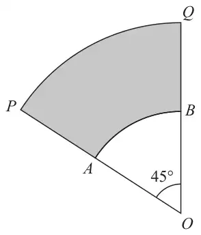Sector OPQ with angle POQ = 45 degrees; A is on OP and B is on OQ; the arc AB of a smaller sector OAB is drawn and the region between arc AB and arc PQ is shaded